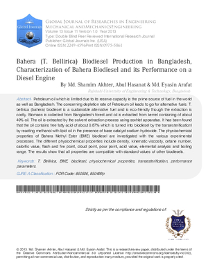 Bahera T. Bellirica Biodiesel Production in Bangladesh, Characterization of Bahera Biodiesel and its Performance on a Diesel Engine.