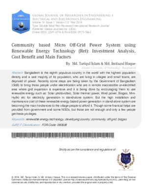 Community based Micro Off-Grid Power System using Renewable Energy Technology (RET): Investment Analysis, Cost Benefit and Main Factors