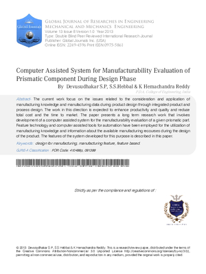 Computer Assisted System for Manufacturability Evaluation of Prismatic Component during Design Phase