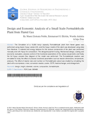 Design and Economic Analysis of a Small Scale Formaldehyde Plant from Flared Gas