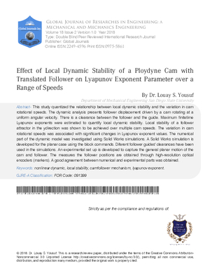 Effect of Local Dynamic Stability of a Ploydyne Cam with Translated Follower on Lyapunov Exponent Parameter Over a Range of Speeds