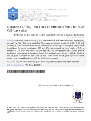 Elaboration of SnS2 thin Films by Ultrasonic Spray for Solar Cell Application