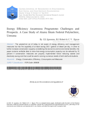 Energy Efficiency Awareness Programme: Challenges and Prospects. A Case Study of Akanu Ibiam Federal Polytechnic, Unwana