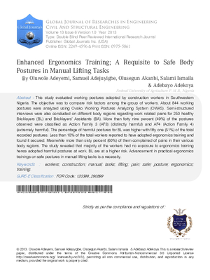 Enhanced Ergonomics Training; A Requisite to Safe Body Postures in Manual Lifting Tasks