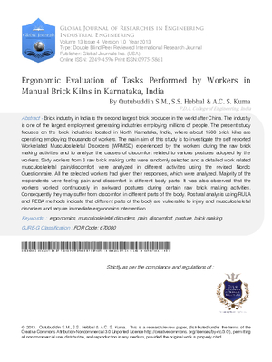 Ergonomic Evaluation of Tasks Performed by Workers in Manual Brick Kilns in Karnataka,India