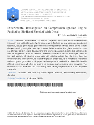 Experimental Investigation on Compression Ignition Engine Fuelled by Biodiesel Blended With Diesel