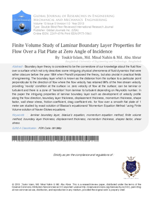 Finite Volume Study of Laminar Boundary Layer Properties for Flow over a Flat Plate at Zero Angle of Incidence