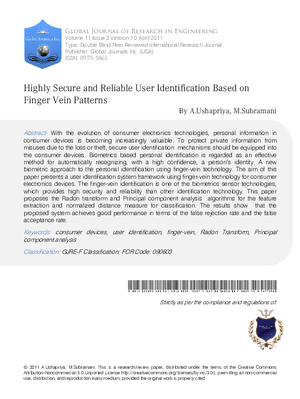 HIGHLY SECURE AND RELIABLE USER IDENTIFICATION BASED ON FINGER VEIN PATTERNS