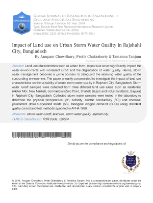 Impact of Land Use on Urban Storm Water Quality in Rajshahi City, Bangladesh