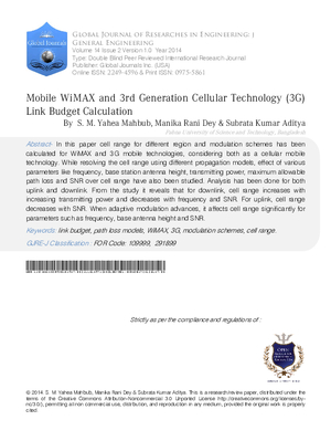 Mobile WiMAX and 3rd Generation Cellular Technology (3G) Link Budget Calculation