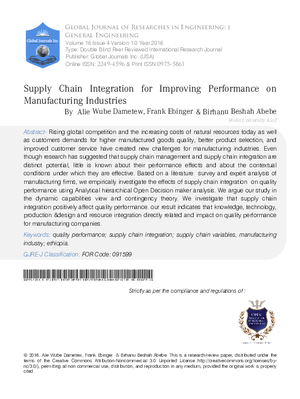 Supply chain Integration for Improving Performance on Manufacturing Industries