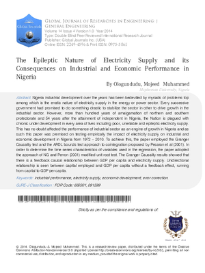 The Epileptic Nature of Electricity Supply and its Consequences on Industrial and Economic Performance in Nigeria  (Error Correction Modelapproach)