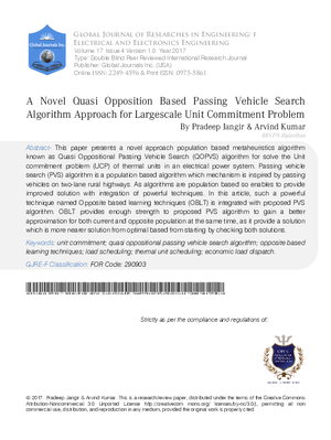 A Novel Quasi Opposition Based Passing Vehicle Search Algorithm Approach for Large Scale Unit commitment problem