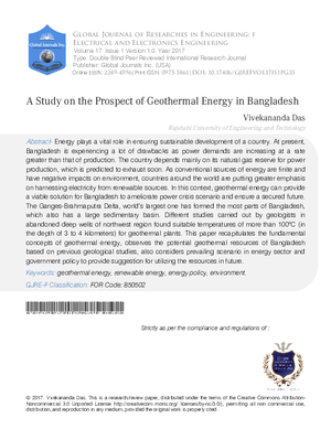 A Study on the Prospect of Geothermal Energy in Bangladesh