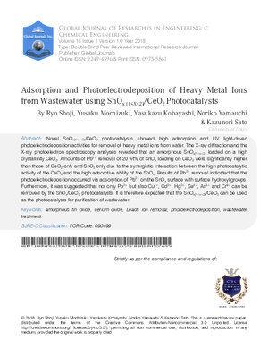 Adsorption and Photoelectrodeposition of Heavy Metal Ions from Wastewater using SnOx(2)/CeO2 Photocatalysts