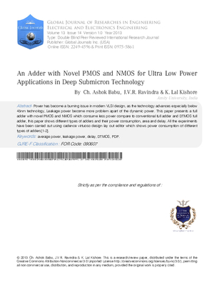 An Adder with Novel PMOS and NMOS for Ultra Low Power Applications in Deep Submicron Technology