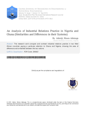 An Analysis of Industrial Relations Practice in Nigeriaa Ghana (Similarities and Differences in their Systems)