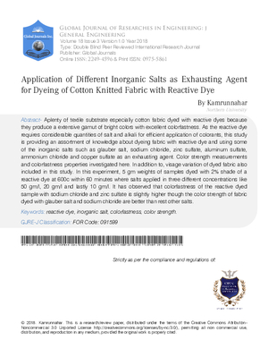 Application of Different Inorganic Salts as Exhausting Agents for Dyeing of Cotton Knitted Fabric with Reactive Dye.