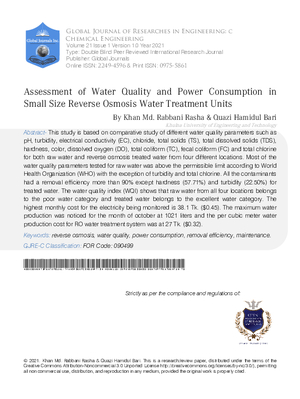 Assessment of Water Quality and Power Consumption in Small Size Reverse Osmosis Water Treatment Units
