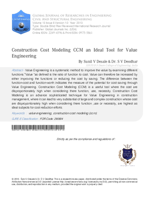 Construction Cost Modeling CCM an Ideal Tool for Value Engineering