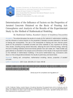 Determination of the Influence of Factors on the Properties of Aerated Concrete Obtained on the Basis of Floating Ash Cenospheres and Analysis of the Results of the Experimental Study by the Method of Mathematical Modeling
