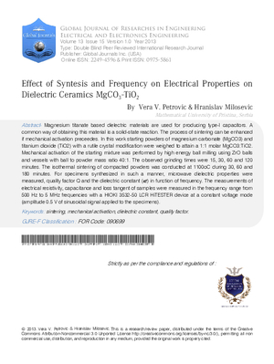 Effect of  Synthesis and Frequency on Electrical Properties on Dielectric Ceramics  MgCO3-TiO2