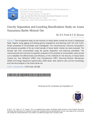 Gravity Separation And Leaching Beneficiation Study On Azara Nassarawa Barite Mineral Ore