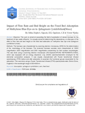 Impact  of Flow Rate And Bed Height on the Fixed Bed Adsorption of Methylene Blue Dye on to Sphagnum Cymbifolium (Moss)