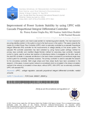 Improvement of Power System Stability by using UPFC with Cascade Proportional Integral Differential Controller