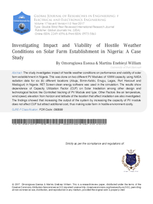 Investigating Impact and Viability of Hostile Weather Conditions on Solar Farm Establishment in Nigeria: A Case Study