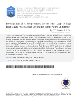 Investigation of a Reciprocatory Driven Heat Loop to High Heat Single Phase Liquid  Cooling for Temperature Uniformity