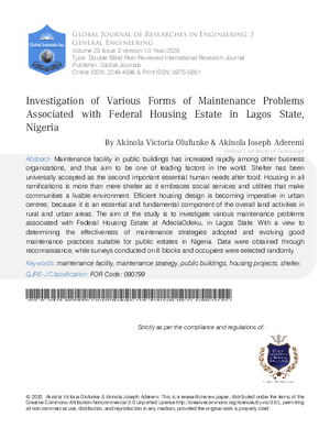 Investigation of Various Forms of Maintenance Problems Associated with Federal Housing Estate in Lagos State, Nigeria