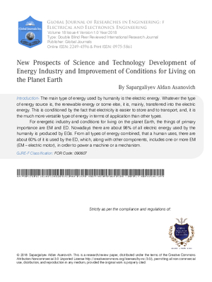 New Prospects of Science and Technology Development of Energy Industry and  Improvement of Conditions for Living on the Planet Earth