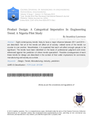 PRODUCT DESIGN: A CATEGORICAL IMPERATIVE IN ENGINEERING TREND. A NIGERIA PILOT STUDY