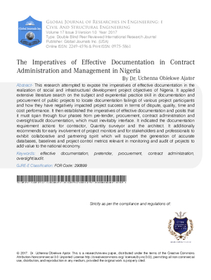 The Imperatives of Effective Documentation in Contract Administration and Management  in Nigeria.