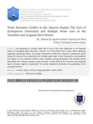 Water Resource Conflict in the Amazon Region: The Case of Hydropower Generation and Multiple Water uses in the Tocantins and Araguaia River Basins