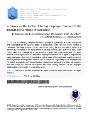 A Survey on the Factors Affecting Employee Turnover in the Readymade Garments of Bangladesh