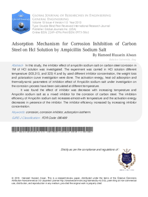 Adsorption Mechanism for Corrosion Inhibition of Carbon Steel on HCl Solution by Ampicillin Sodium Salt