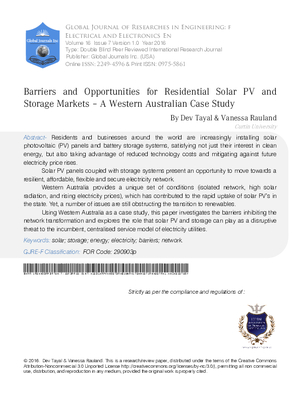 Barriers and Opportunities for Residential Solar PV and Storage Markets a A Western Australian Case Study
