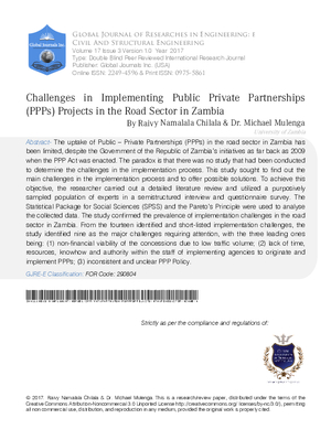 Challenges in Implementing Public Private Partnerships (PPPS) Projects in the Road Sector in Zambia