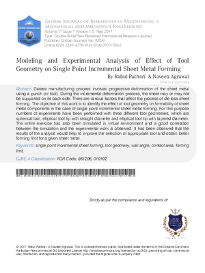 Modeling and Experimental Analysis of Effect of Tool Geometry on Single Point Incremental Sheet Metal Forming