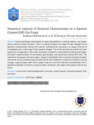 Numerical Analysis of Electrical Characteristics in a Squared Channel EHD Gas Pump