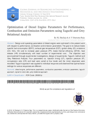 Optimization of Diesel Engine Parameters for Performance, Combustion and Emission Parameters using Taguchi and Grey Relational Analysis