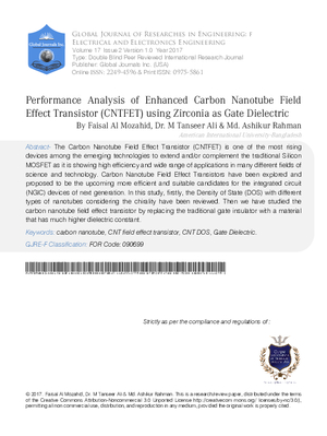 Performance Analysis of Enhanced Carbon Nanotube Field Effect Transistor (CNTFET) using Zirconia as Gate Dielectric