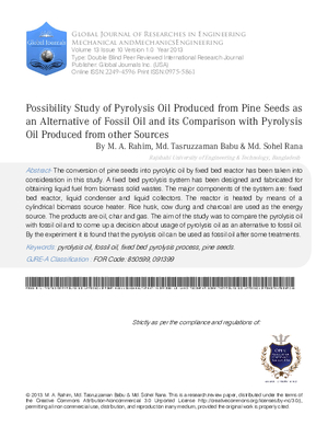 Possibility Study of Pyrolysis Oil Produced from Pine Seeds as an Alternative of Fossil Oil and its Comparison with Pyrolysis Oil Produced from Other Sources
