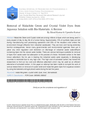 Removal of Malachite Green and Crystal Violet Dyes from Aqueous Solution with Bio-Materials: A Review