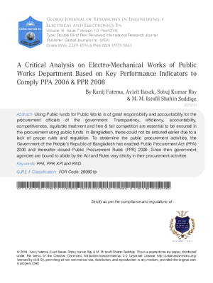 A Critical Analysis on Electro-Mechanical Works of Public Works Department based on Key Performance Indicators to Comply PPA 2006 
