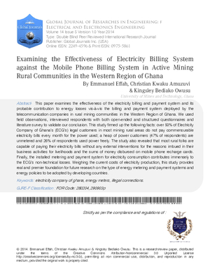 Examining the Effectiveness of Electricity Billing System against the Mobile Phone Billing System in Active Mining Rural Communities in the Western Region of Ghana