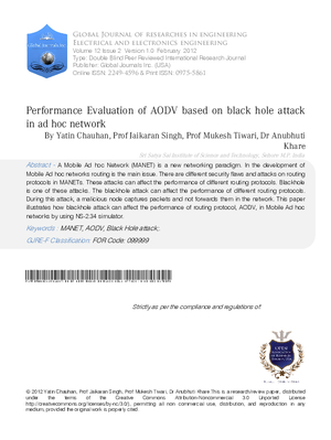 Performance Evaluation of AODV based on black hole attack in ad hoc network