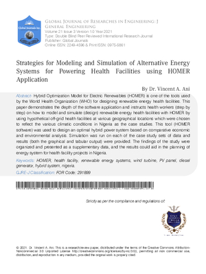 Strategies for Modeling and Simulation of Alternative Energy Systems for Powering Health Facilities Using HOMER Application